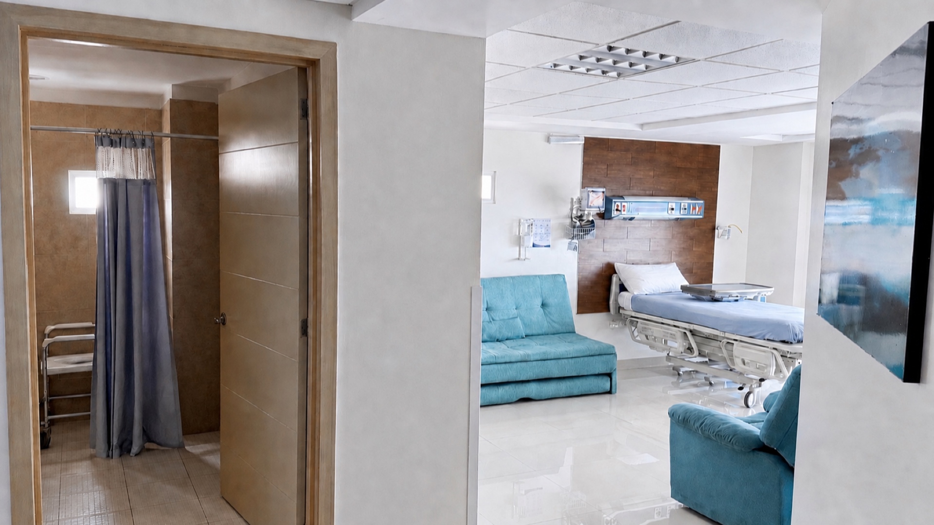 Una suite vista desde la puerta: a la izquierda el baño con su cortina, y al fondo la cama contra el panel de madera, con el sofá y el sillón del acompañante.