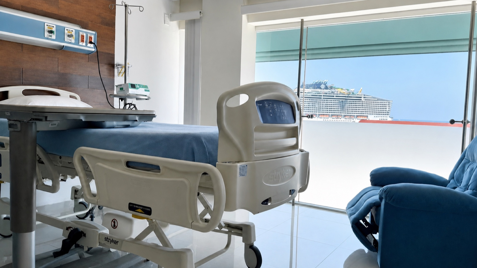Una suite de hospitalización: la cama articulada, el monitor en la cabecera, el sillón reclinable para el acompañante y el ventanal al mar.