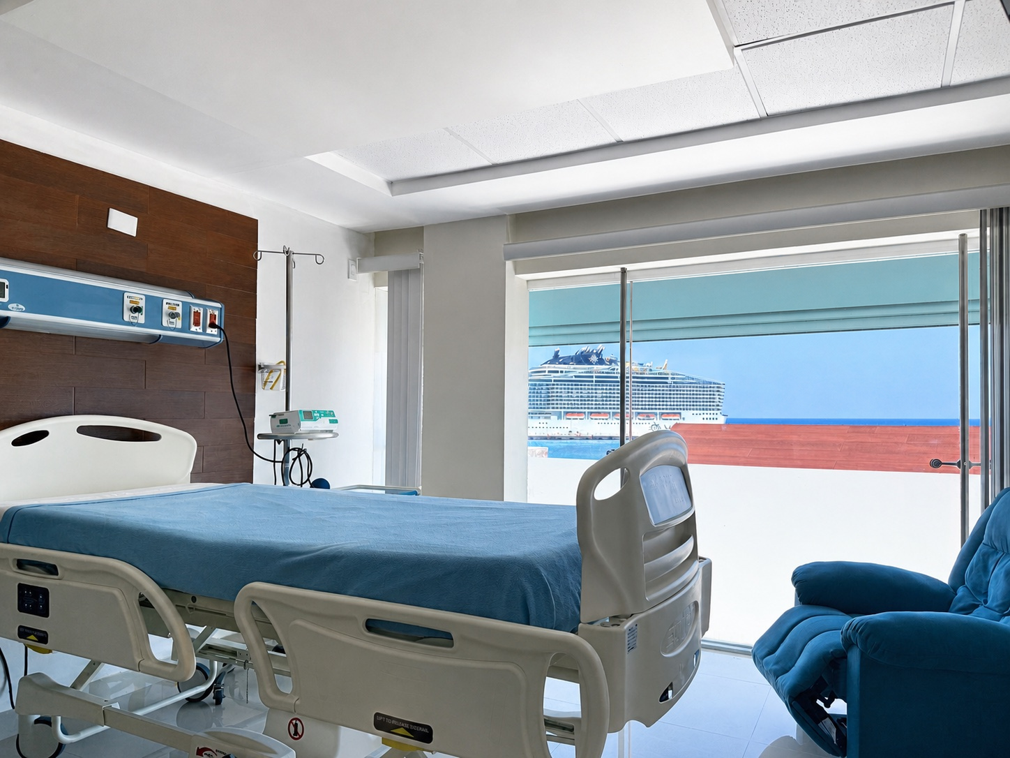 Suite de hospitalización con la cama abierta y, por el ventanal, el mar de Cozumel con un crucero atracado.