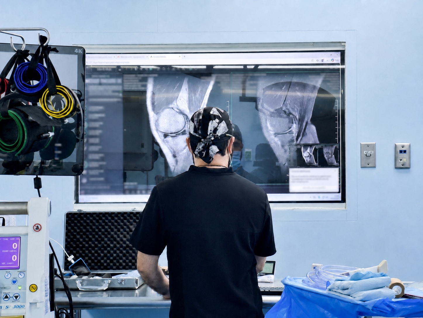 Equipo quirúrgico operando en el hospital, con la imagen artroscópica y la resonancia en el monitor.