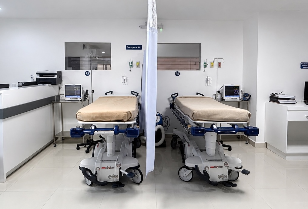 El área de recuperación entre los dos quirófanos, con las camillas monitorizadas y las puertas de quirófano a cada lado.